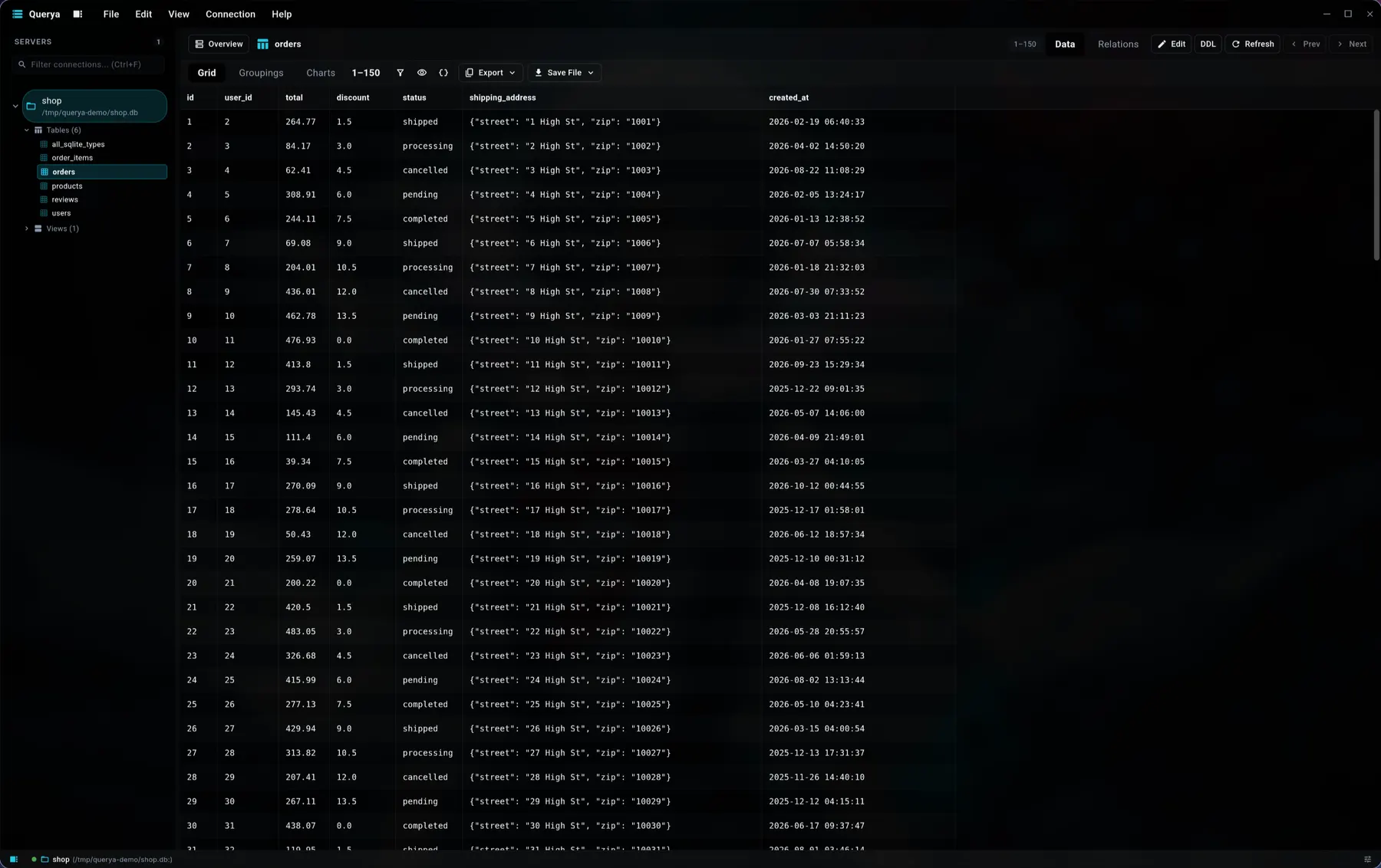 Querya Desktop showing a database table in the data grid
